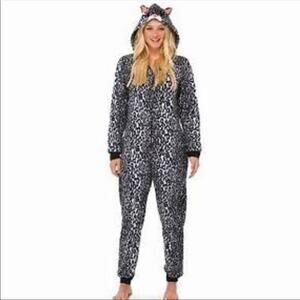 Nick & Nora One Piece Cat Pajamas Small Fleece Jogger Hoodie Black Animal Print
